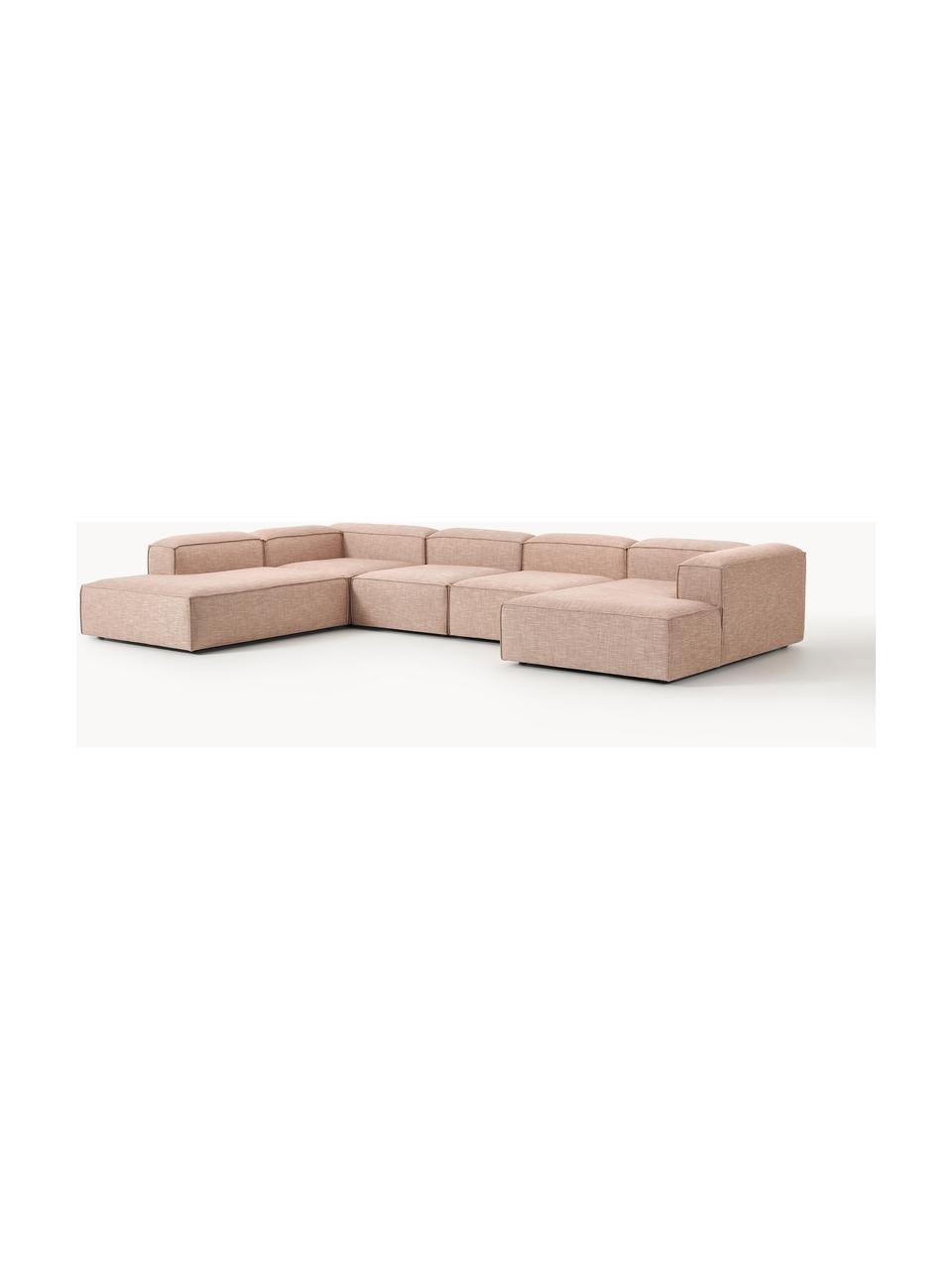 Sofa modułowa z mieszanki lnu Lennon, Tapicerka: 50% wiskoza, 25% len, 15%, Nogi: tworzywo sztuczne Ten pro, Rdzwoczerwona mieszanka lnu, S 418 x G 269 cm, prawostronna