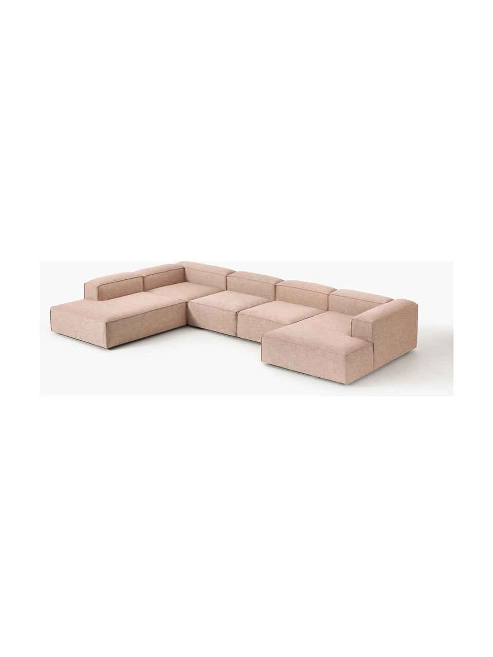 Sofa modułowa z mieszanki lnu Lennon, Tapicerka: 50% wiskoza, 25% len, 15%, Nogi: tworzywo sztuczne Ten pro, Rdzwoczerwona mieszanka lnu, S 418 x G 269 cm, prawostronna