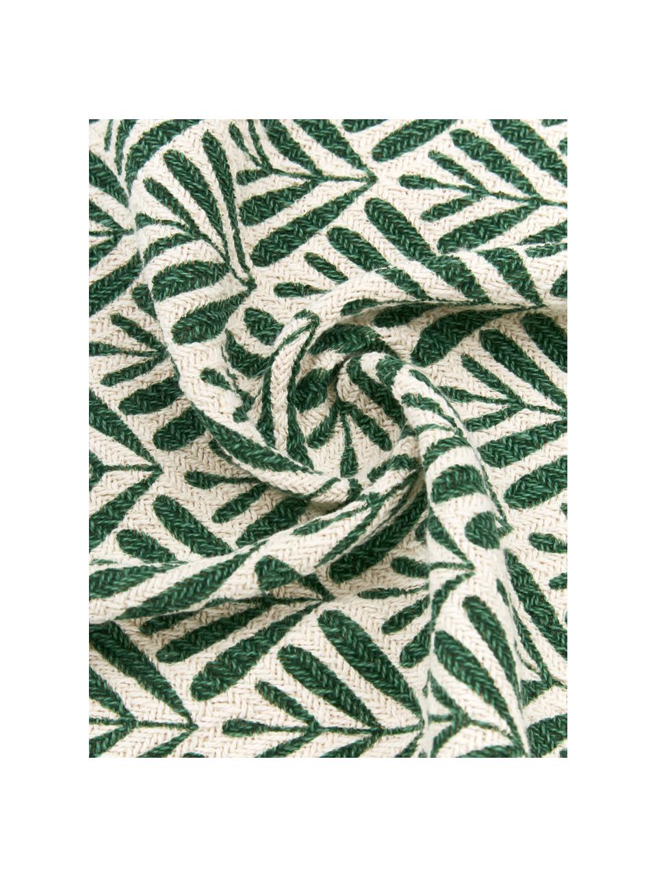 Manta de agodón con flecos Leaves, 100% algodón, Verde, crema, An 130 x L 170 cm