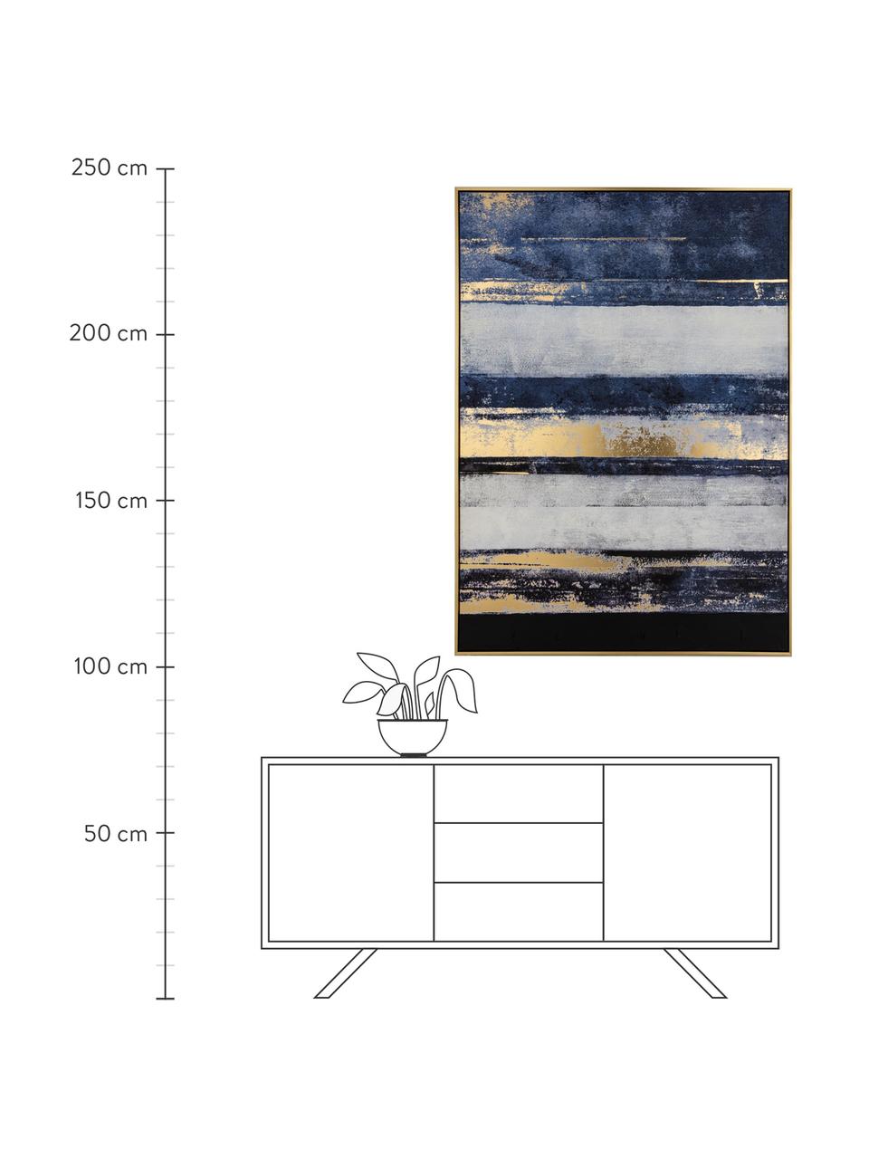 Leinwanddruck Strokes, Rahmen: Kiefernholz, Kunststoff, , Bild: Leinwand, Blau, Weiss, Goldfarben, 103 x 143 cm