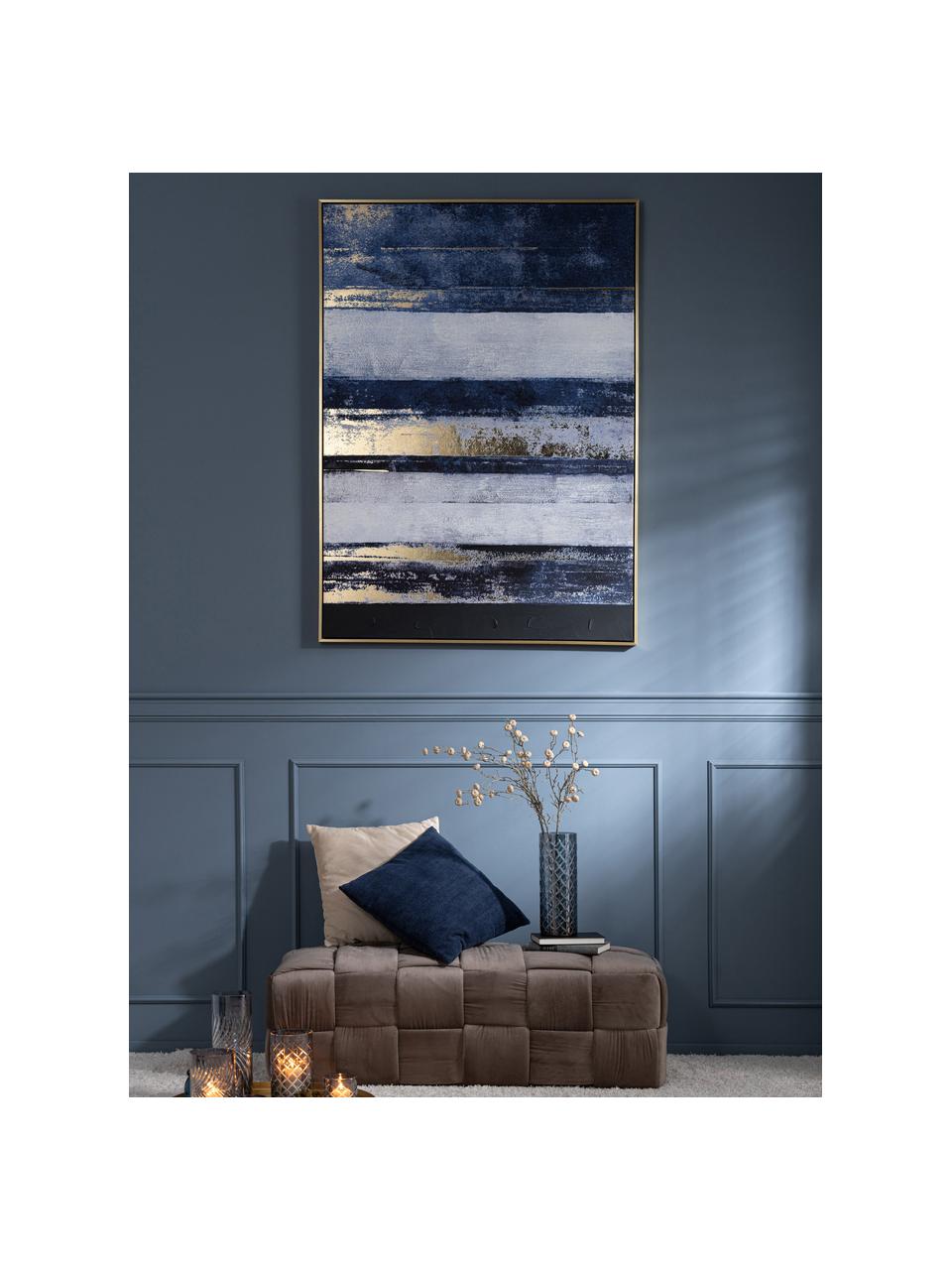 Leinwanddruck Strokes, Rahmen: Kiefernholz, Kunststoff, , Bild: Leinwand, Blau, Weiß, Goldfarben, 103 x 143 cm
