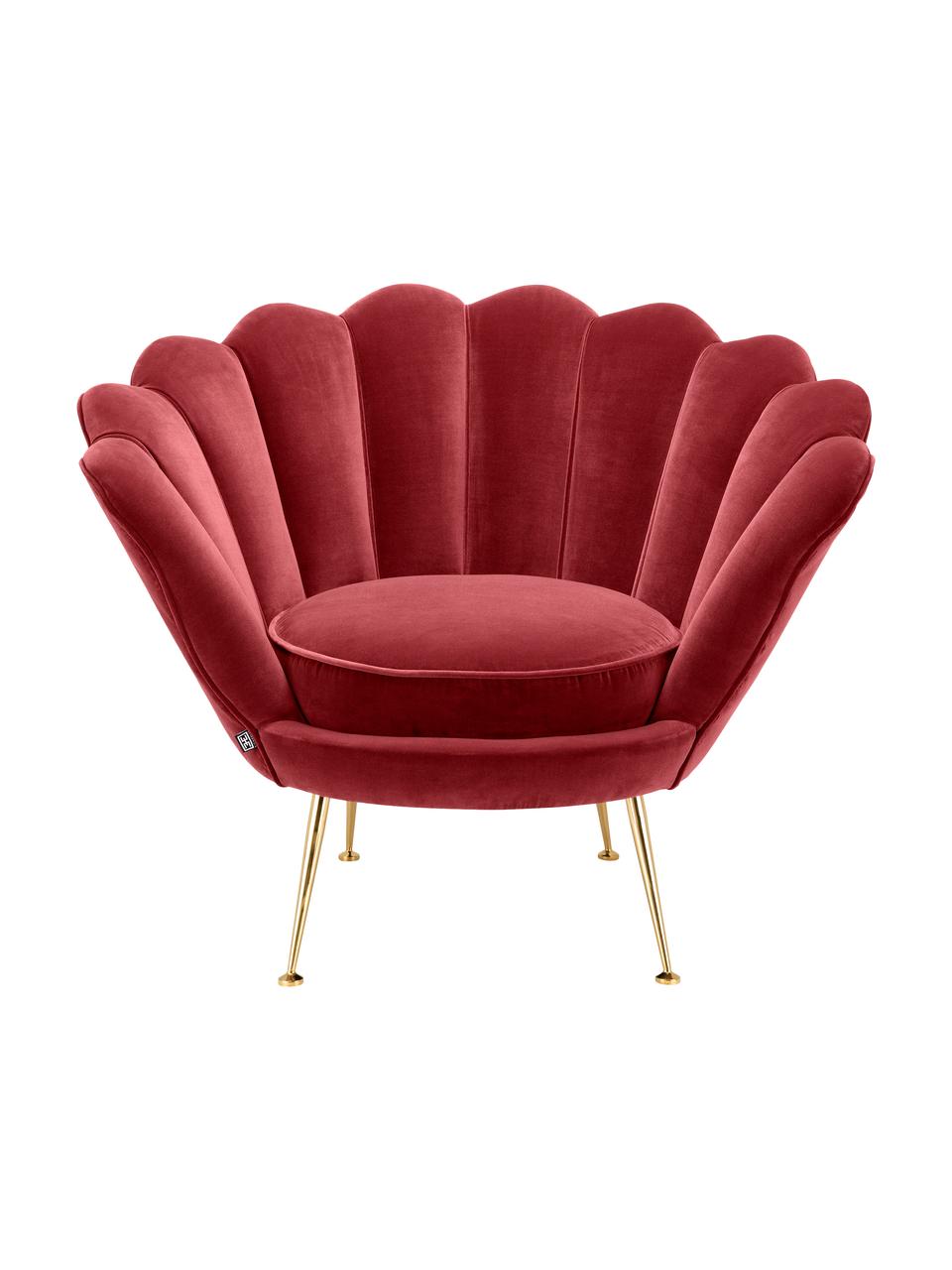 Fluwelen lounge fauteuil Trapezium in rood, Bekleding: 95% polyester, 5% katoen , Poten: messing gecoat edelstaal, Donkerrood, B 97 x D 79 cm