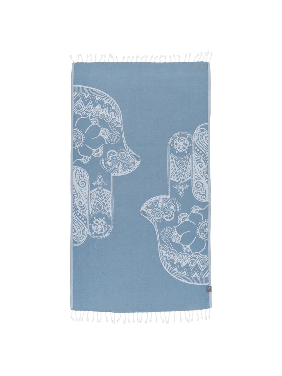 Hamamdoek Hamsa, 100% katoen, lichte kwaliteit, 180 g/m², Lichtblauw, wit, B 90 x L 180 cm