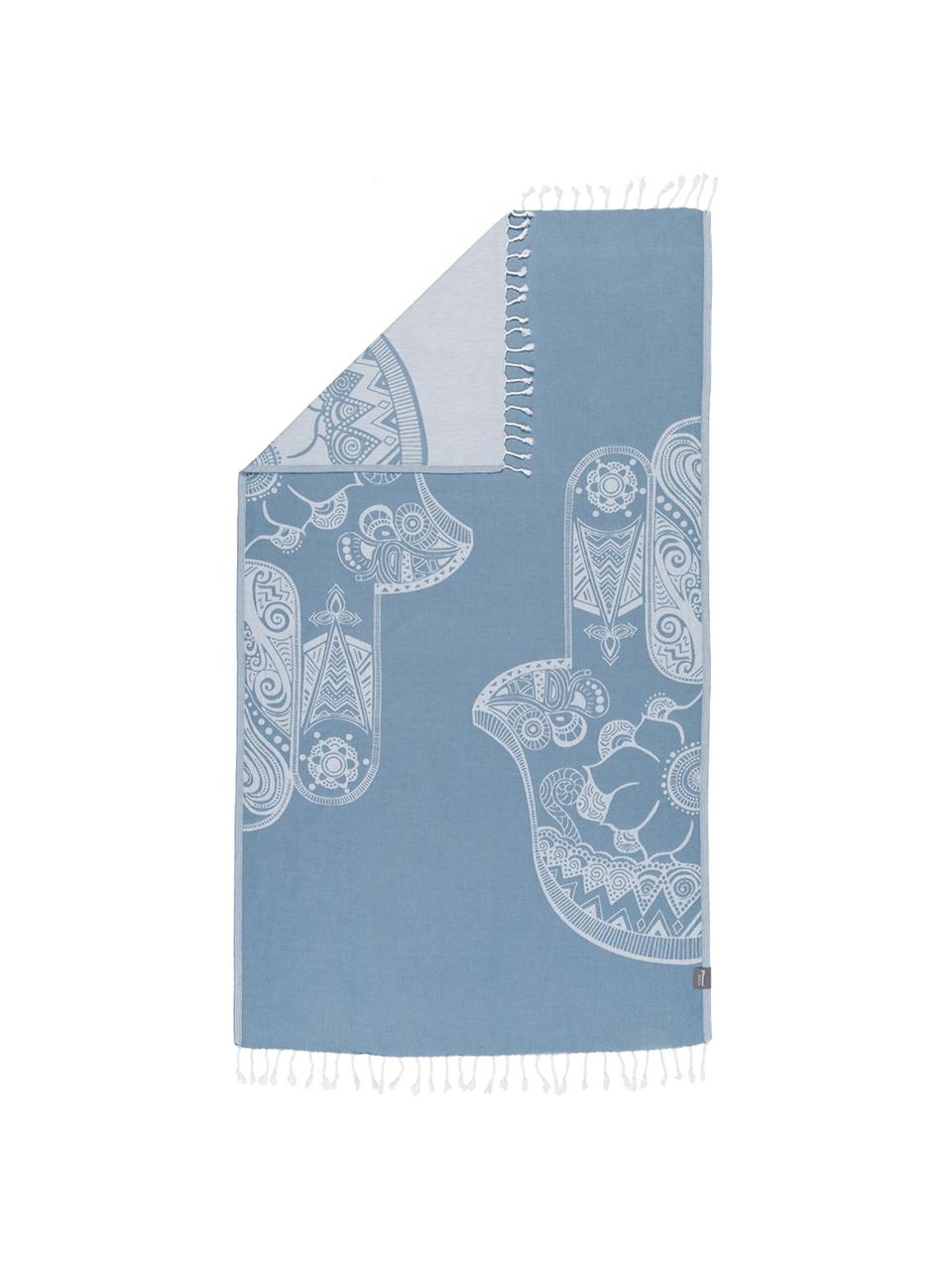 Telo fouta in cotone Hamsa, 100% cotone
Qualità leggera, 180 g/m², Azzurro, bianco, Larg. 90 x Lung. 180 cm