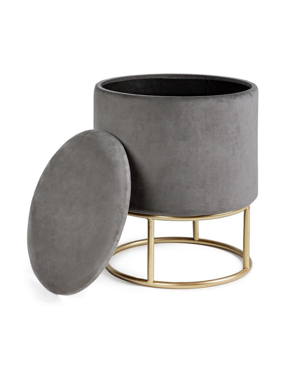 Taburete de terciopelo Polina, con espacio de almacenamiento, Tapizado: terciopelo de poliéster A, Estructura: tablero de fibras de dens, Estructura: acero, Terciopelo gris, Ø 35 x Al 45 cm