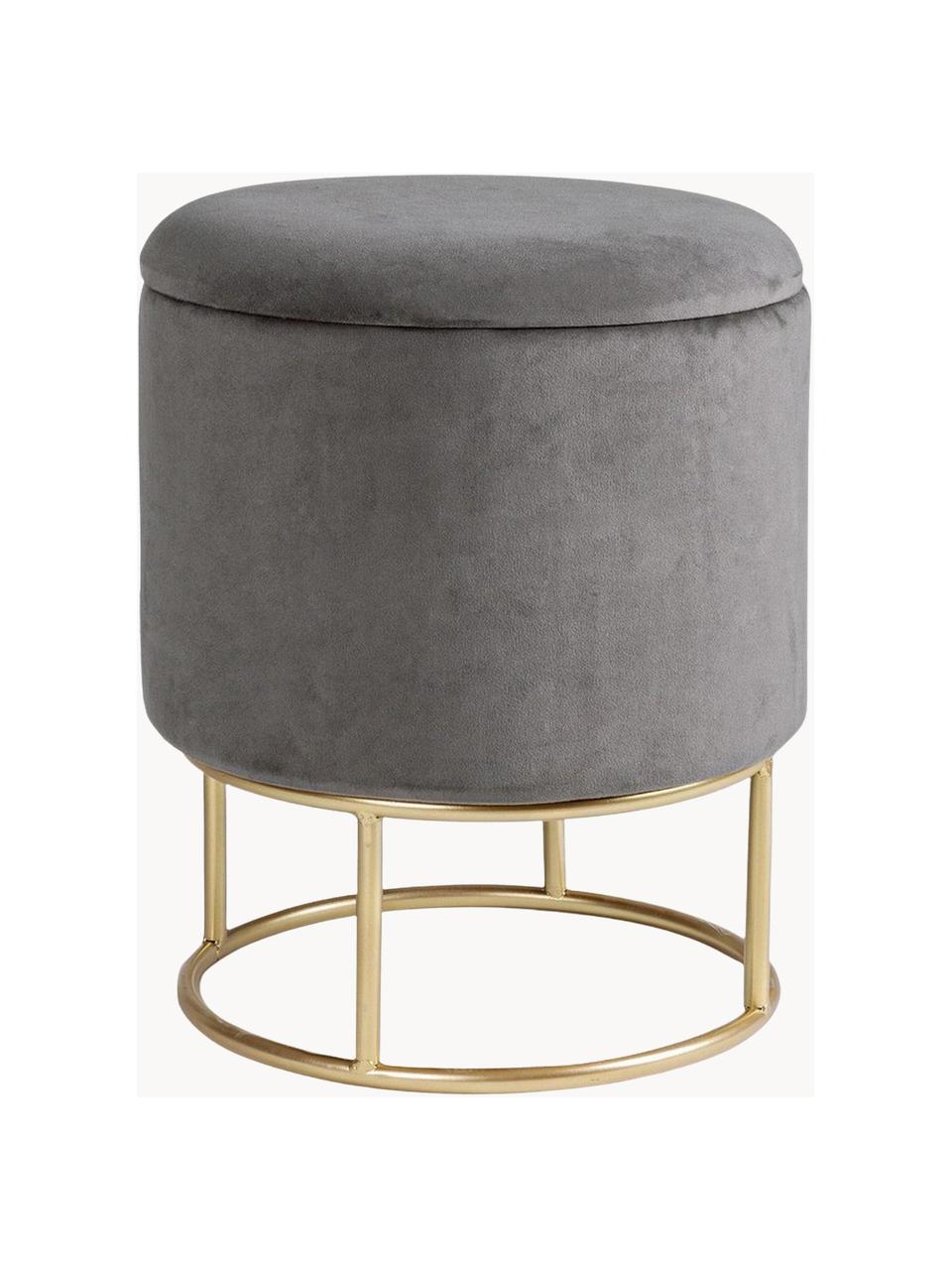 Tabouret en velours avec rangement Polina, Velours gris foncé, Ø 35 x haut. 45 cm