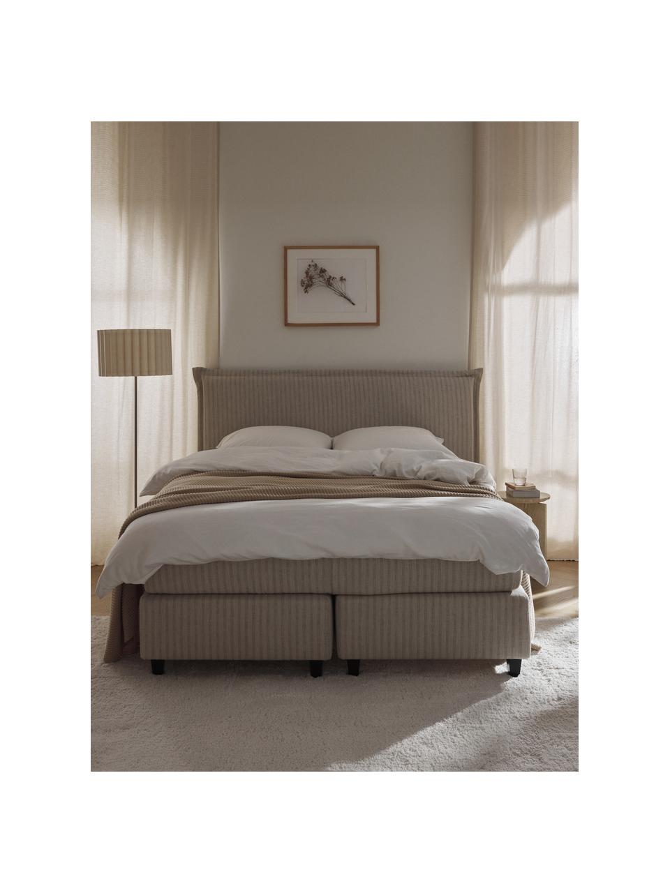 Boxspring bed Emily, Bekleding: 52% polyester, 32% viscos, Matras: 5-zones pocketvering, Poten: massief gelakt berkenhout, Geweven stof in lichtbeige tinten, B 140 x L 200 cm, hardheidsgraad H2