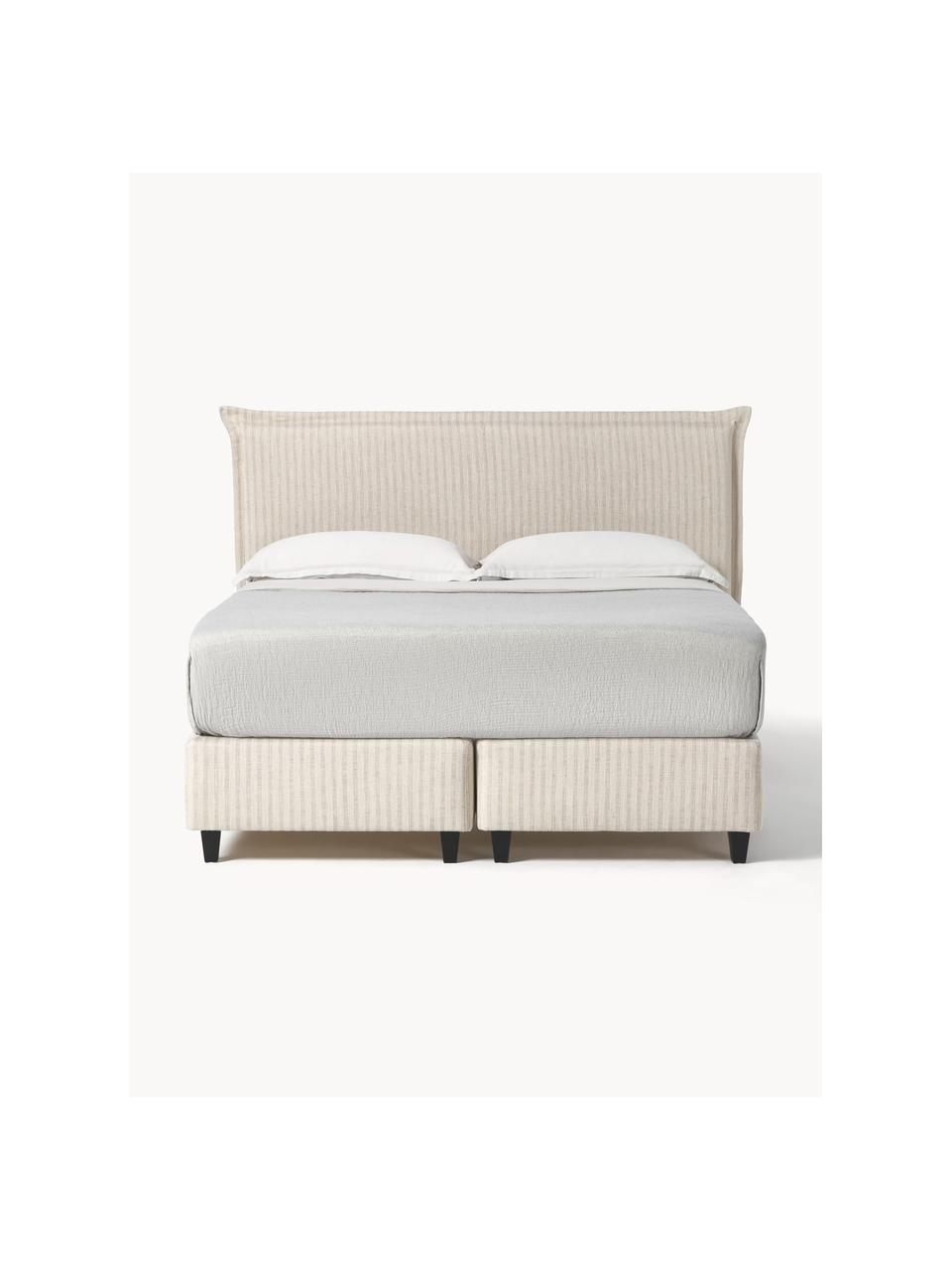 Boxspring bed Emily, Bekleding: 52% polyester, 32% viscos, Matras: 5-zones pocketvering, Poten: massief gelakt berkenhout, Geweven stof in lichtbeige tinten, B 140 x L 200 cm, hardheidsgraad H2