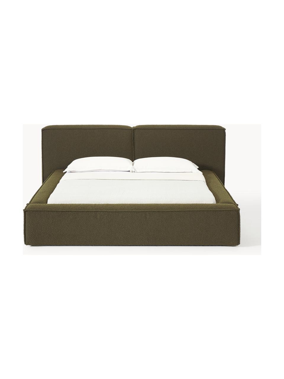 Cama tapizada en tejido bouclé Lennon, con espacio de almacenamiento, Funda: Bouclé (80% poliéster, 20, Estructura: madera de pino maciza con, Patas: madera, plástico Este pro, Bouclé verde oliva, An 208 x L 243 cm (colchón 140 x 200 cm)