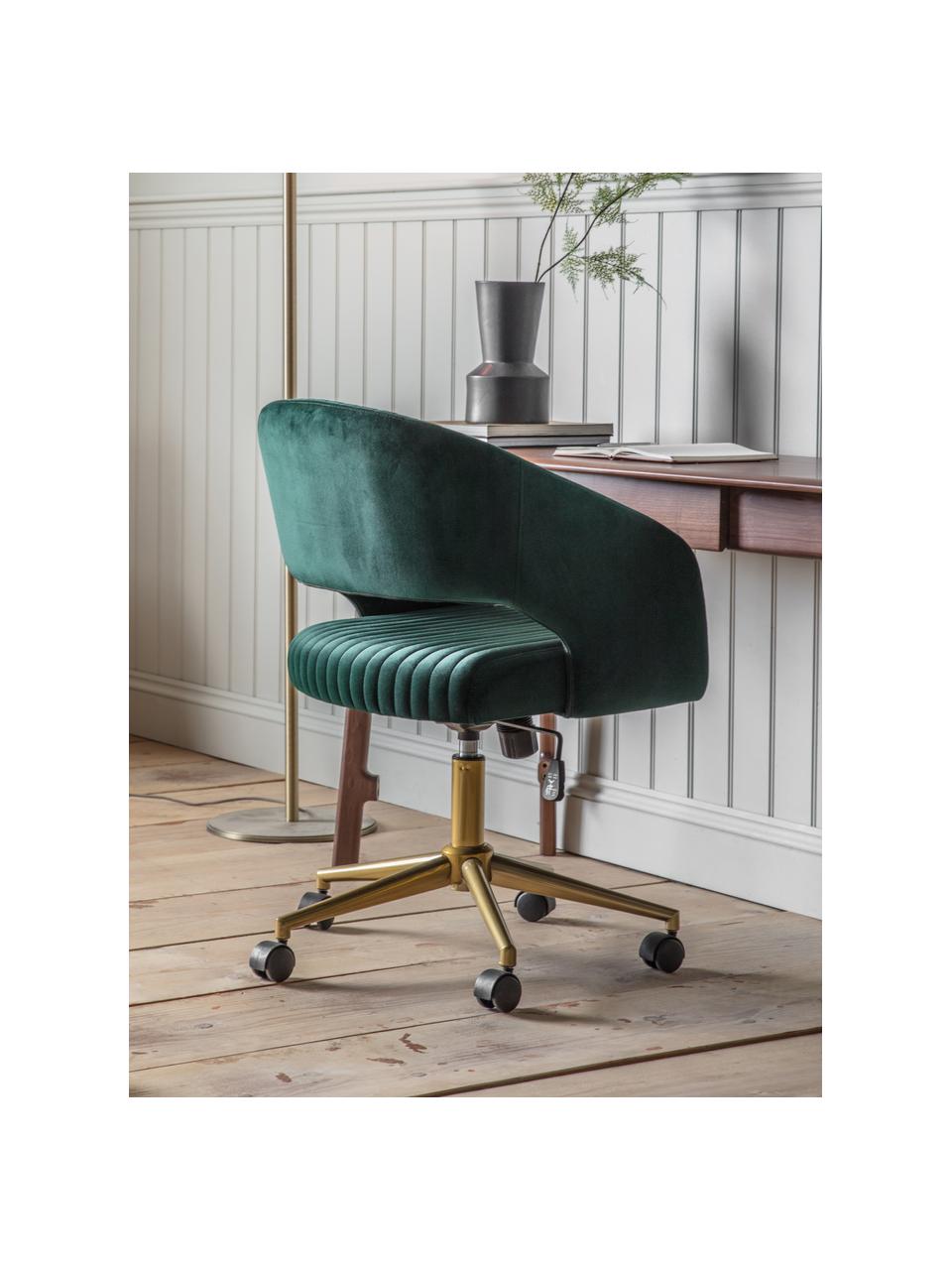 Sedia da scrivania in velluto Murray, regolabile in altezza, Rivestimento: velluto di poliestere, Sottostruttura: compensato, Gambe: metallo zincato, Ruote: plastica (nylon), Velluto verde, dorato, Larg. 56 x Prof. 52 cm