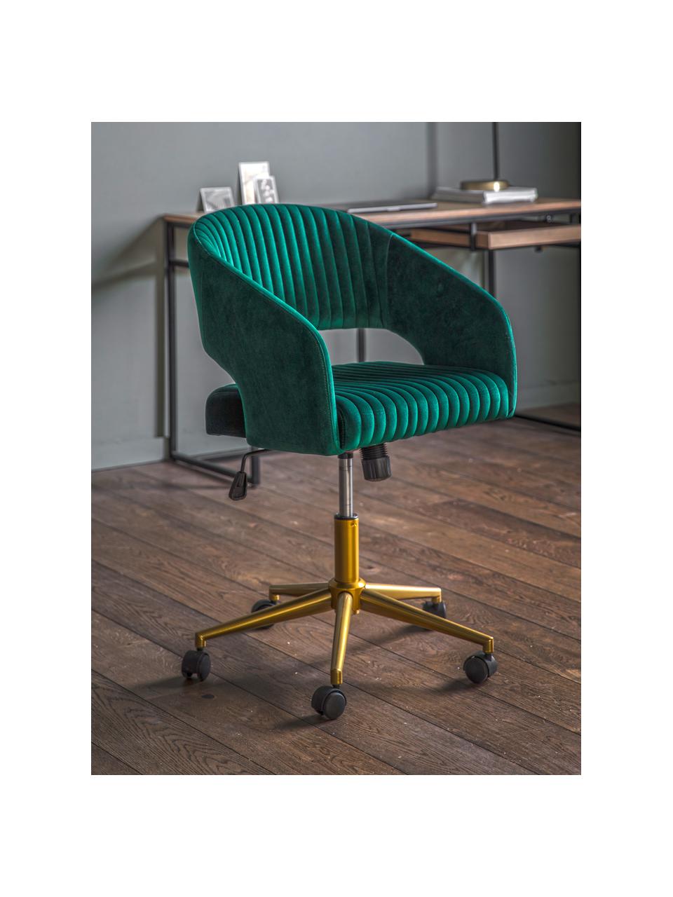 Sedia da scrivania in velluto Murray, regolabile in altezza, Rivestimento: velluto di poliestere, Sottostruttura: compensato, Gambe: metallo zincato, Ruote: plastica (nylon), Velluto verde, dorato, Larg. 56 x Prof. 52 cm