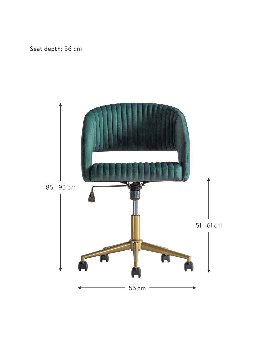 Sedia da scrivania in velluto Murray, regolabile in altezza, Rivestimento: velluto di poliestere, Sottostruttura: compensato, Gambe: metallo zincato, Ruote: plastica (nylon), Velluto verde, dorato, Larg. 56 x Prof. 52 cm