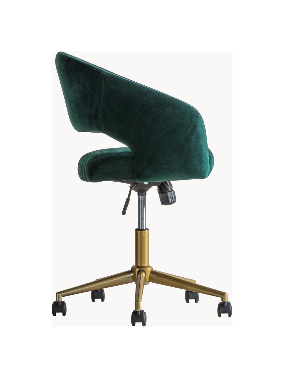 Silla de escritorio de terciopelo Murray, altura regulable, Tapizado: terciopelo de poliéster, Patas: metal galvanizado, Ruedas: plástico (nylon), Terciopelo verde, dorado, An 56 x F 52 cm