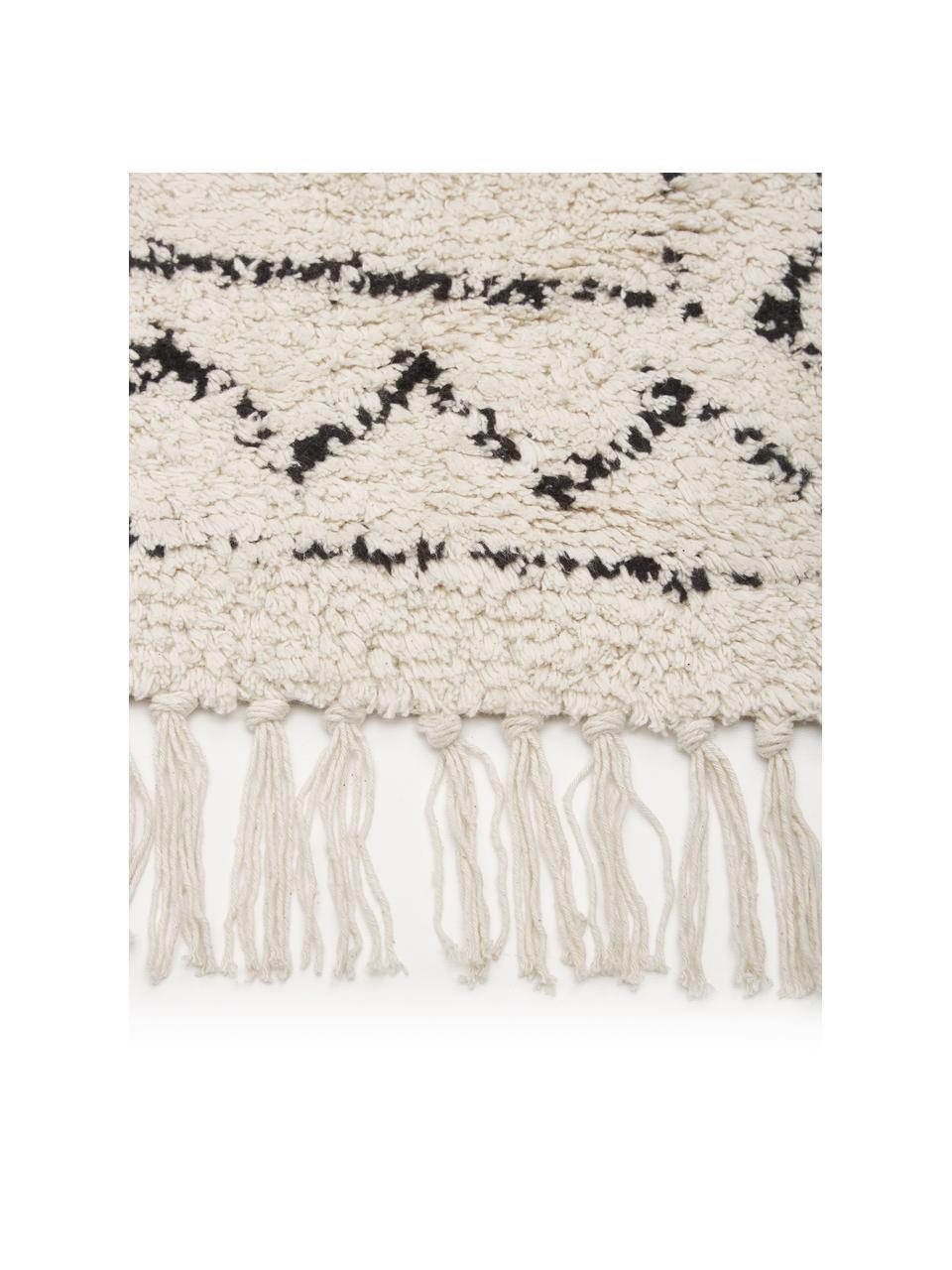Handgeweven katoenen loper Fionn met franjes, 100% katoen, Beige, zwart, B 80 x L 250 cm