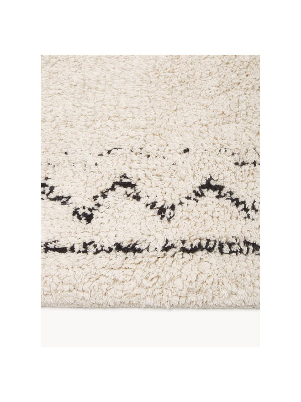 Tapis tissé main en coton à franges Fionn, 100 % coton, Beige clair, noir, larg. 80 x long. 250 cm