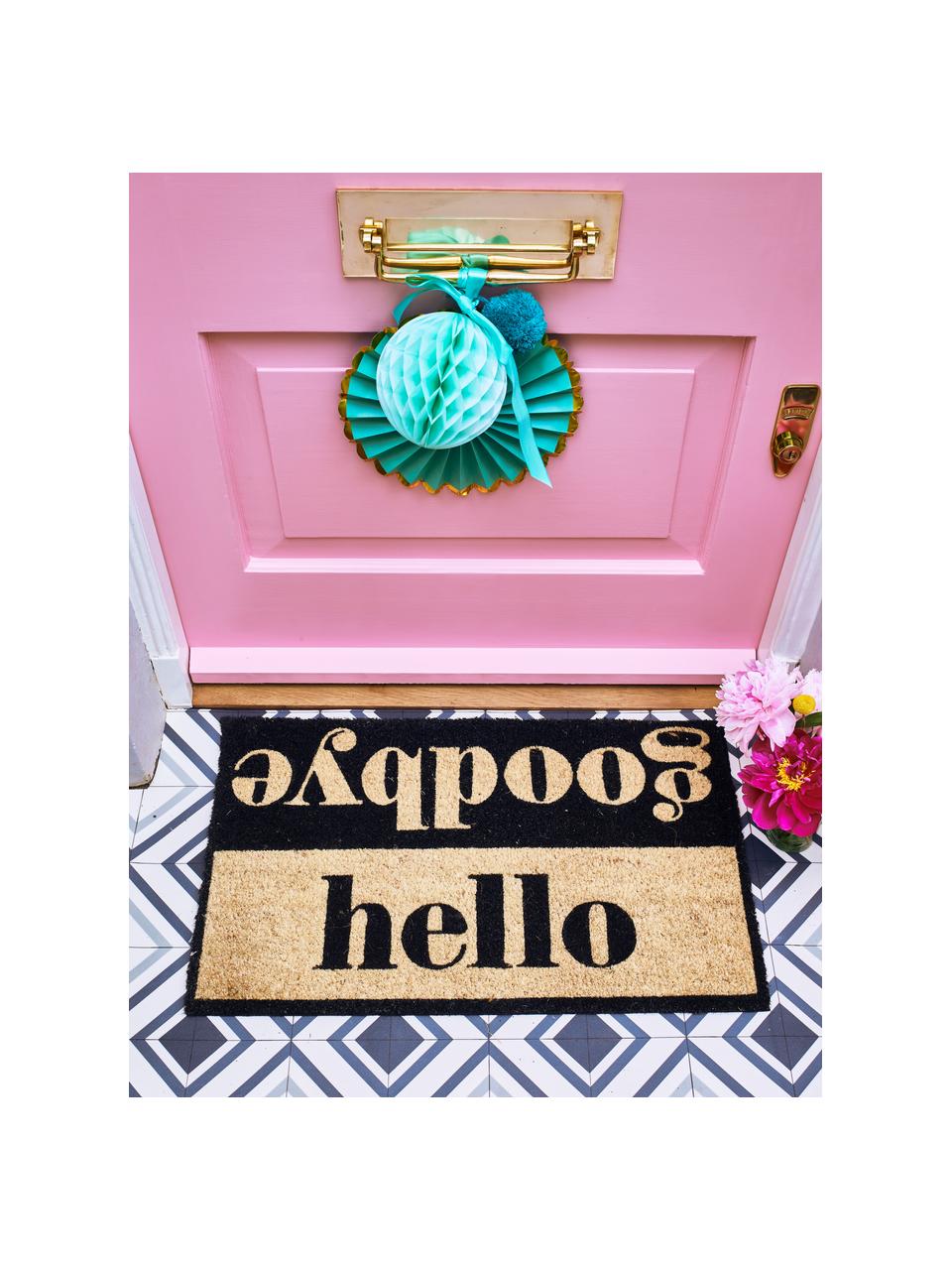 Felpudo Hello/Goodbye, Parte superior: fibras de coco, Reverso: PVC, Beige, negro, An 45 x L 75 cm