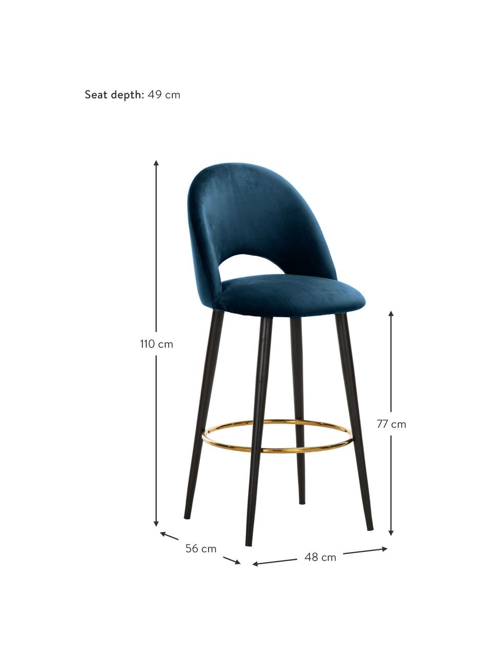 Samt-Barstuhl Rachel, Bezug: Samt (Hochwertiger Polyes, Beine: Metall, pulverbeschichtet, Samt Dunkelblau, B 48 x H 110 cm