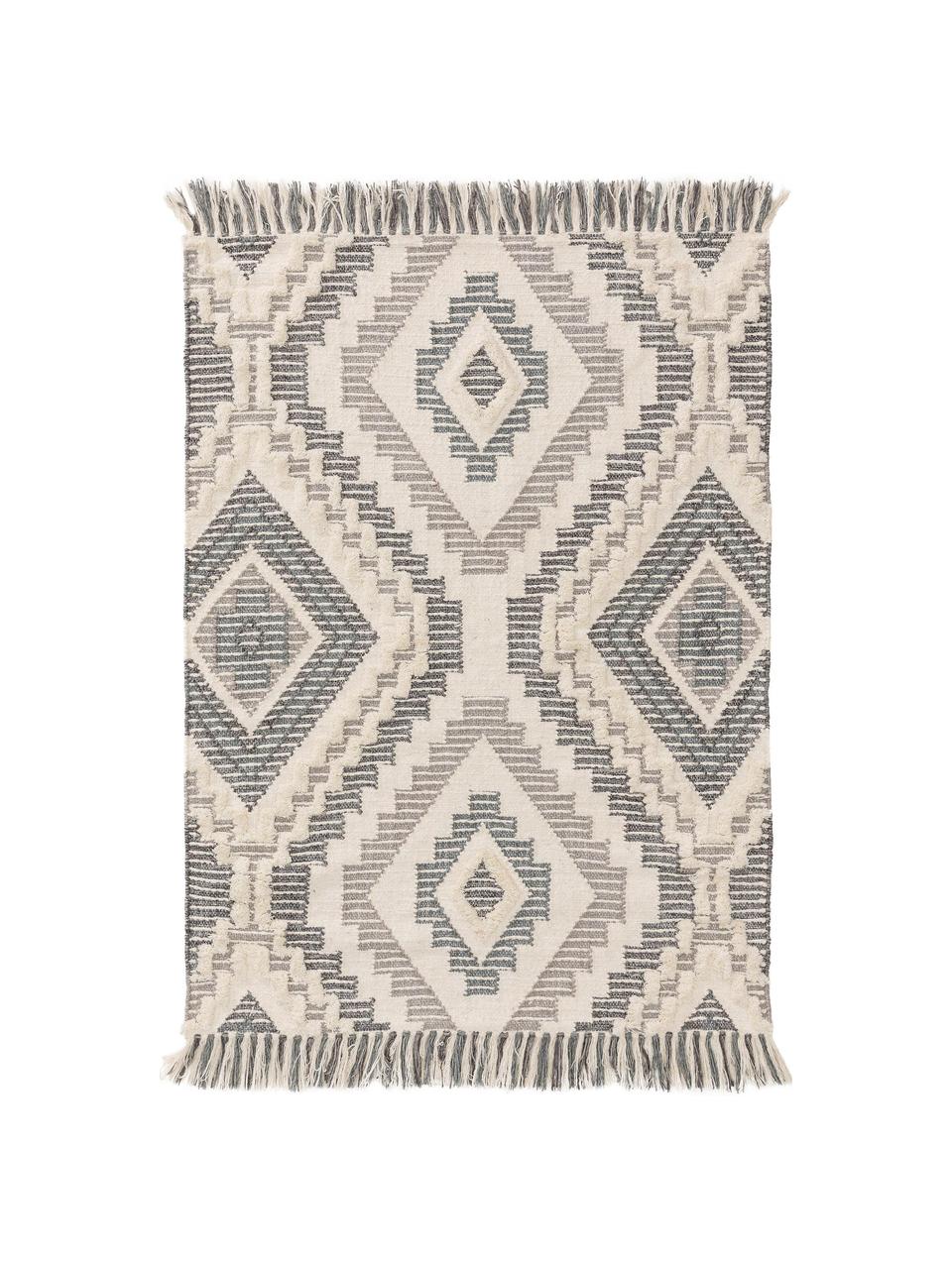 Tapis en laine gris ethnique Wanda, Gris foncé, gris, crème