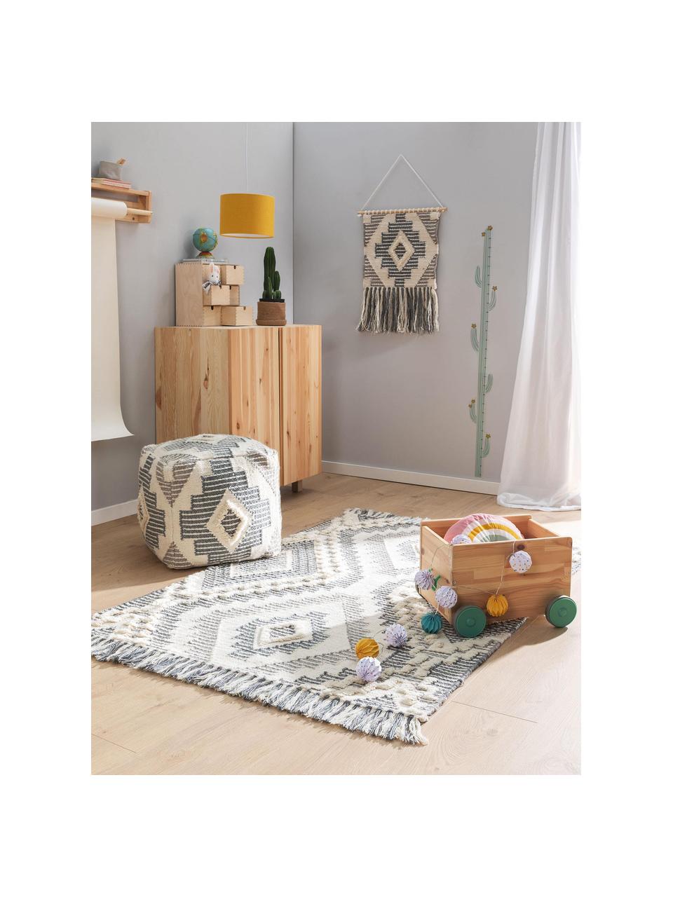 Tapis en laine gris ethnique Wanda, Gris foncé, gris, crème