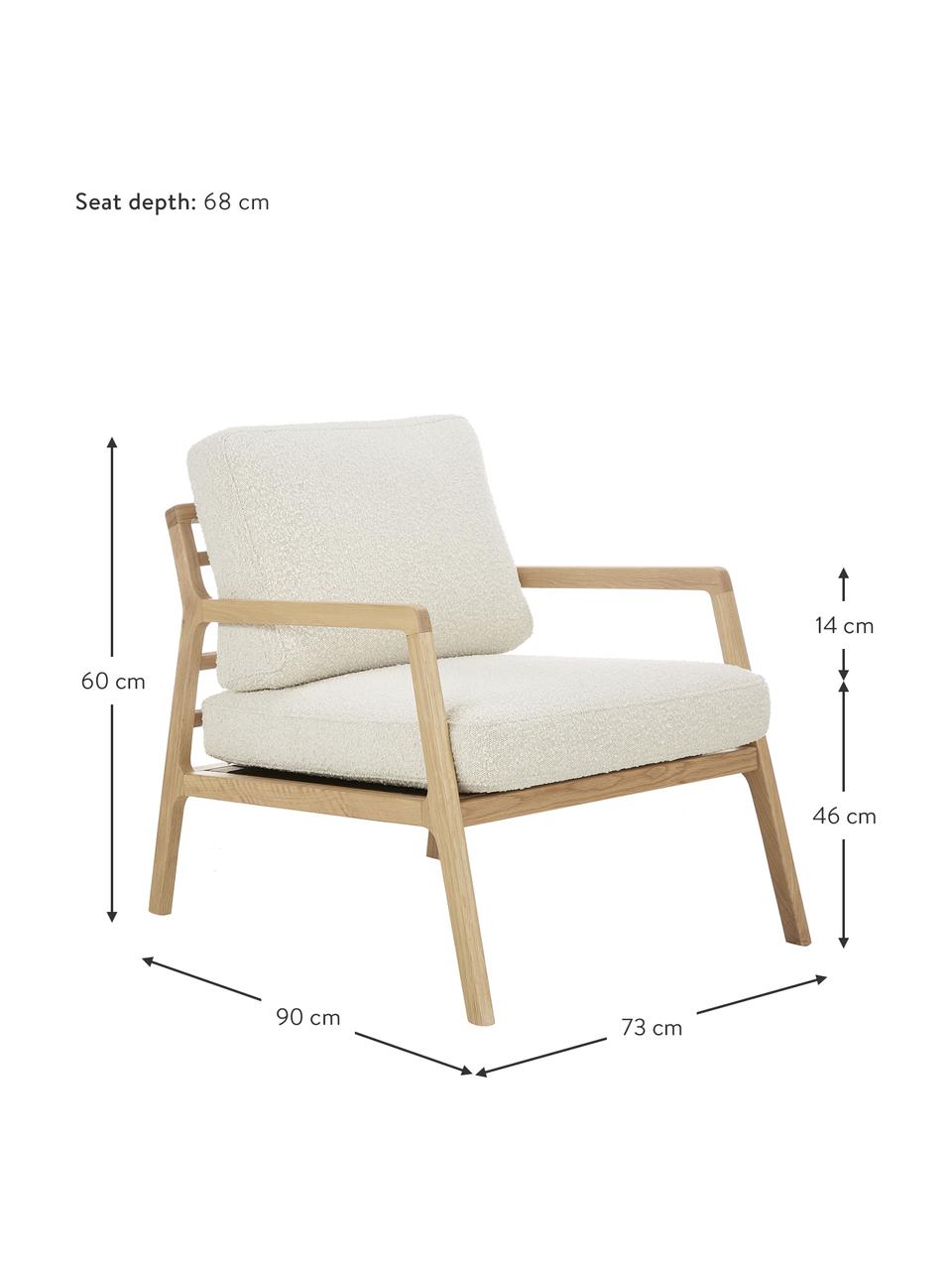 Fauteuil Becky van eikenhout, Bekleding: 54% polyester, 46% acryl, Frame: massief eikenhout, Bouclé beige, eikenhout, B 73 x H 71 cm