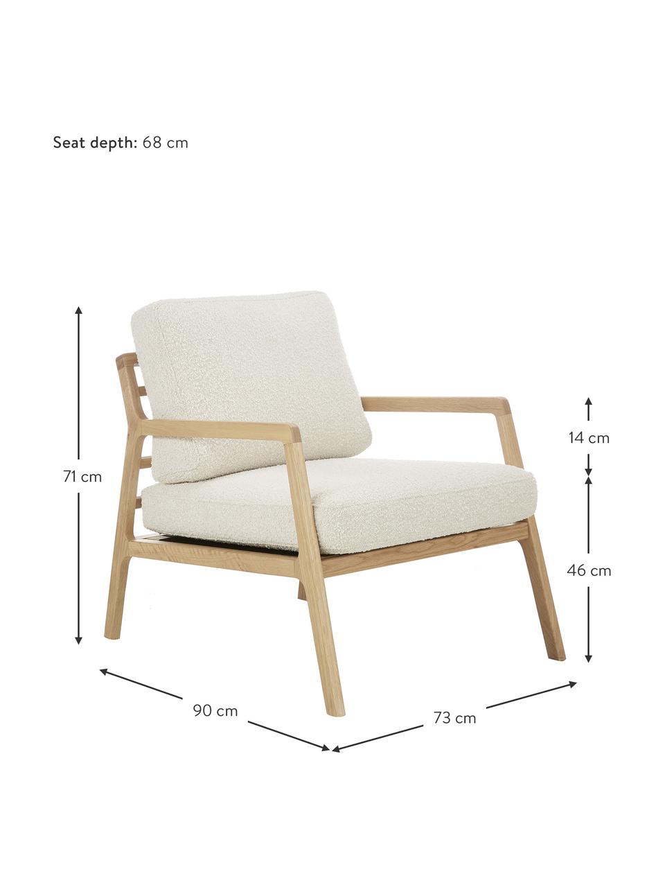 Fauteuil scandi Becky, En tissu bouclé beige, bois de chêne, larg. 73 x haut. 71 cm