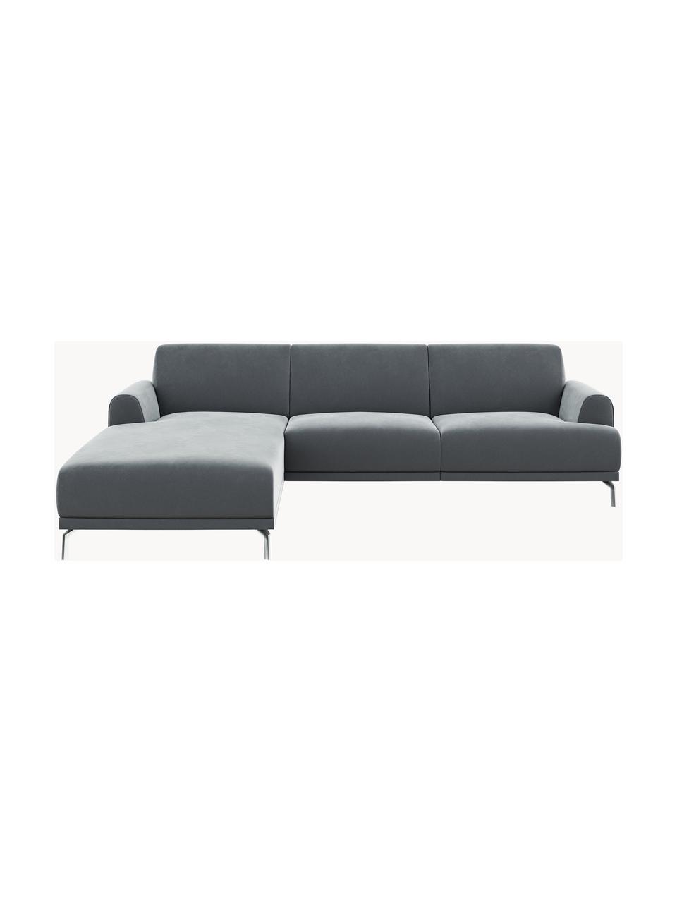 Sofa narożna z aksamitu Puzo (4-osobowa), Tapicerka: 100% aksamit poliestrowy , Stelaż: sklejka, drewno bukowe, d, Stalowoszary aksamit, S 240 x G 165 cm, lewostronna