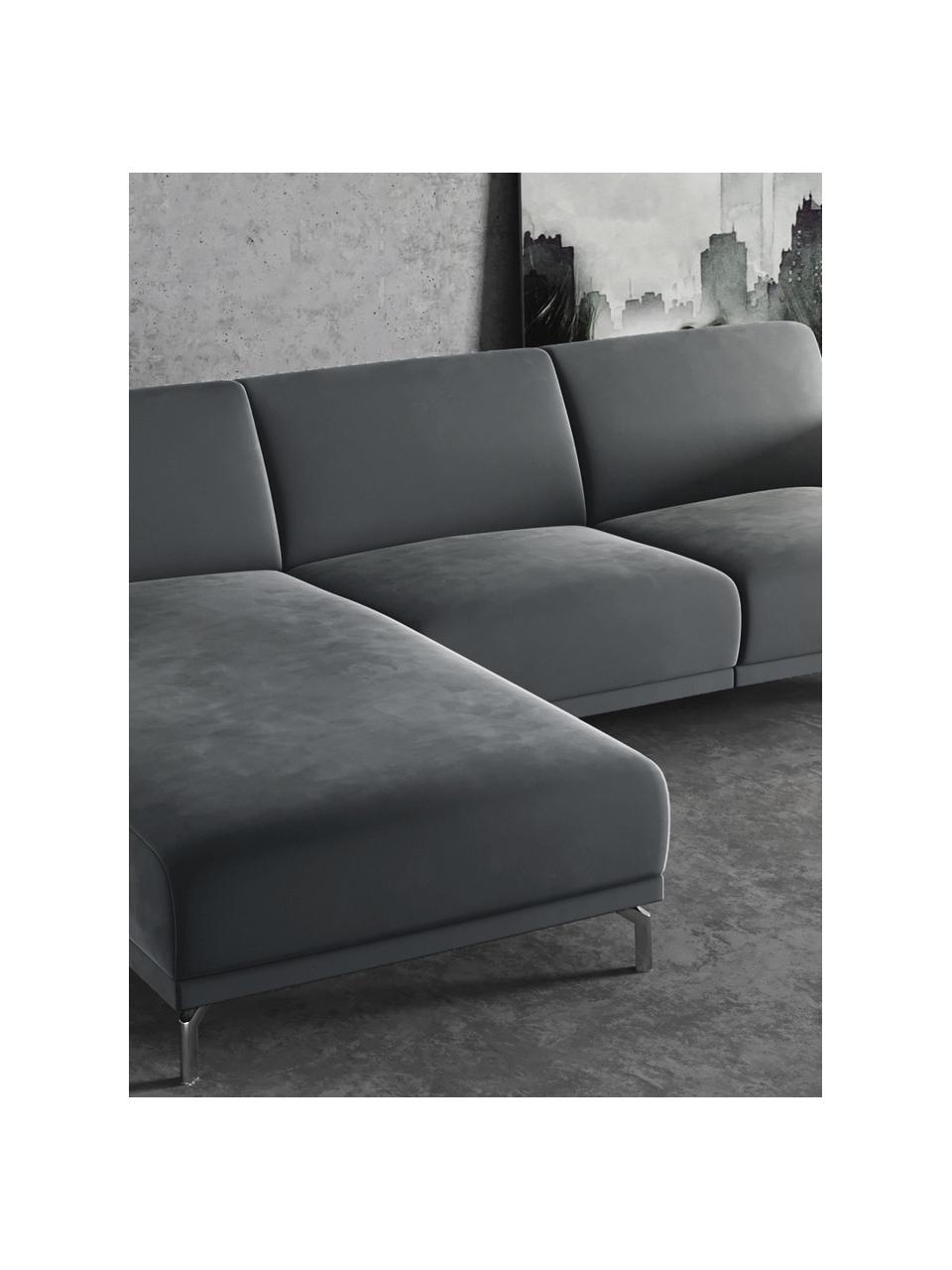 Divano angolare 4 posti in velluto grigio acciaio Puzo, Struttura: compensato, legno di fagg, Velluto grigio acciaio, argentato, Larg. 240 x Prof. 165 cm, chaise-longue a sinistra