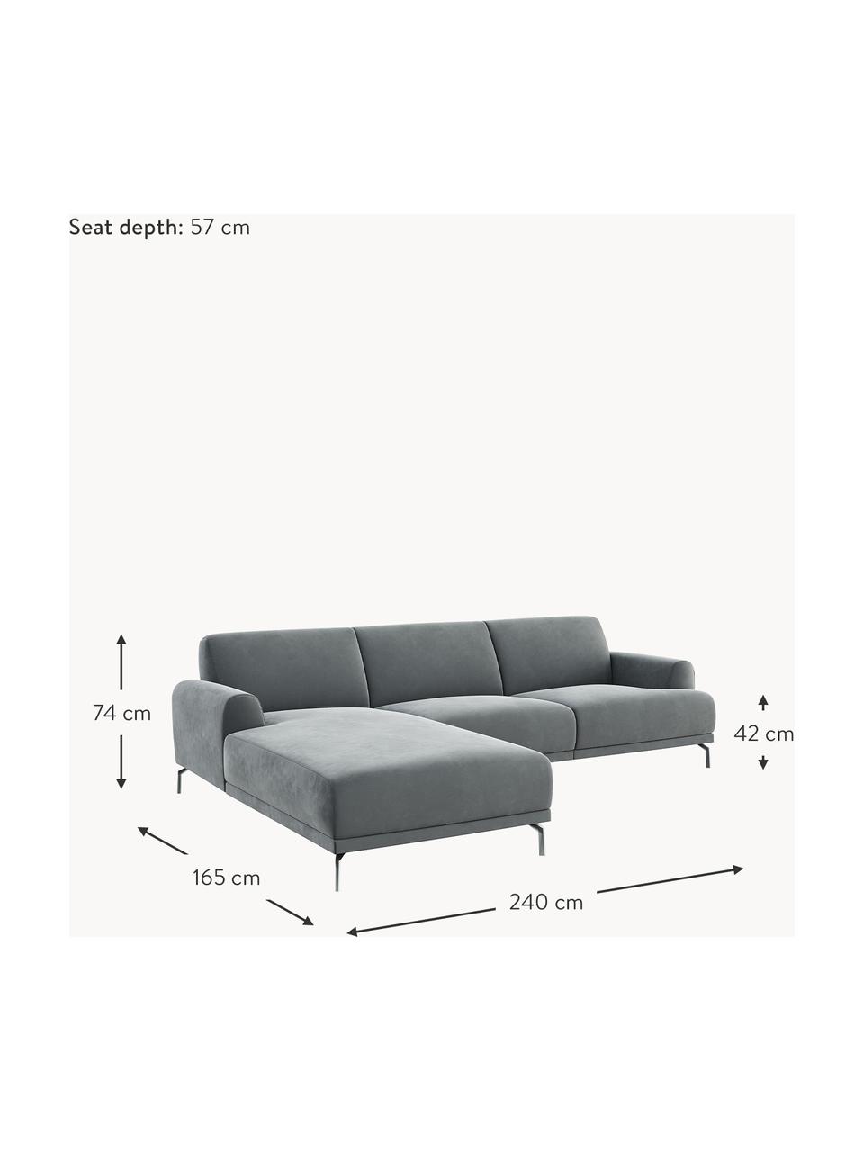 Sofá rinconera de terciopelo Puzo (4 plazas), Tapizado: 100% terciopelo de poliés, Estructura: madera contrachapada, mad, Patas: metal, Terciopelo gris oscuro, An 240 x F 165 cm, chaise longue izquierda