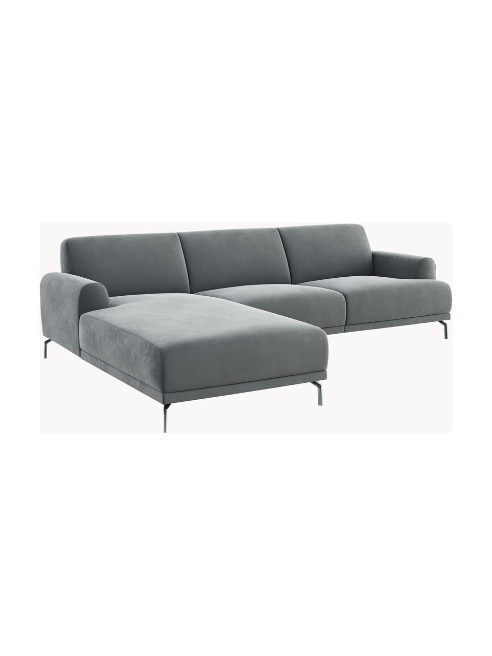 Divano angolare 4 posti in velluto grigio acciaio Puzo, Struttura: compensato, legno di fagg, Velluto grigio acciaio, argentato, Larg. 240 x Prof. 165 cm, chaise-longue a sinistra