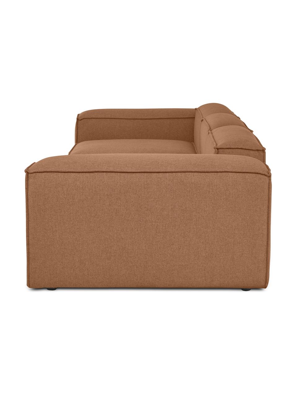 Modulares 4-Sitzer Sofa Dylan in Nougat, Bezug: 100% Polyester Der strapa, Gestell: Massives Kiefernholz, Spe, Füße: Kunststoff Die Füße befin, Braun, B 335 cm x T 113 cm