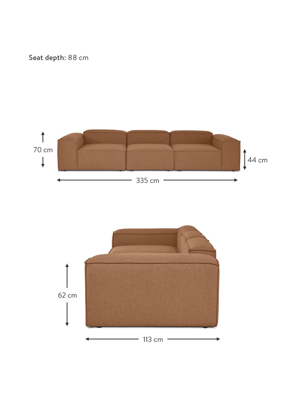 Modulares 4-Sitzer Sofa Dylan in Nougat, Bezug: 100% Polyester Der strapa, Gestell: Massives Kiefernholz, Spe, Füße: Kunststoff Die Füße befin, Braun, B 335 cm x T 113 cm