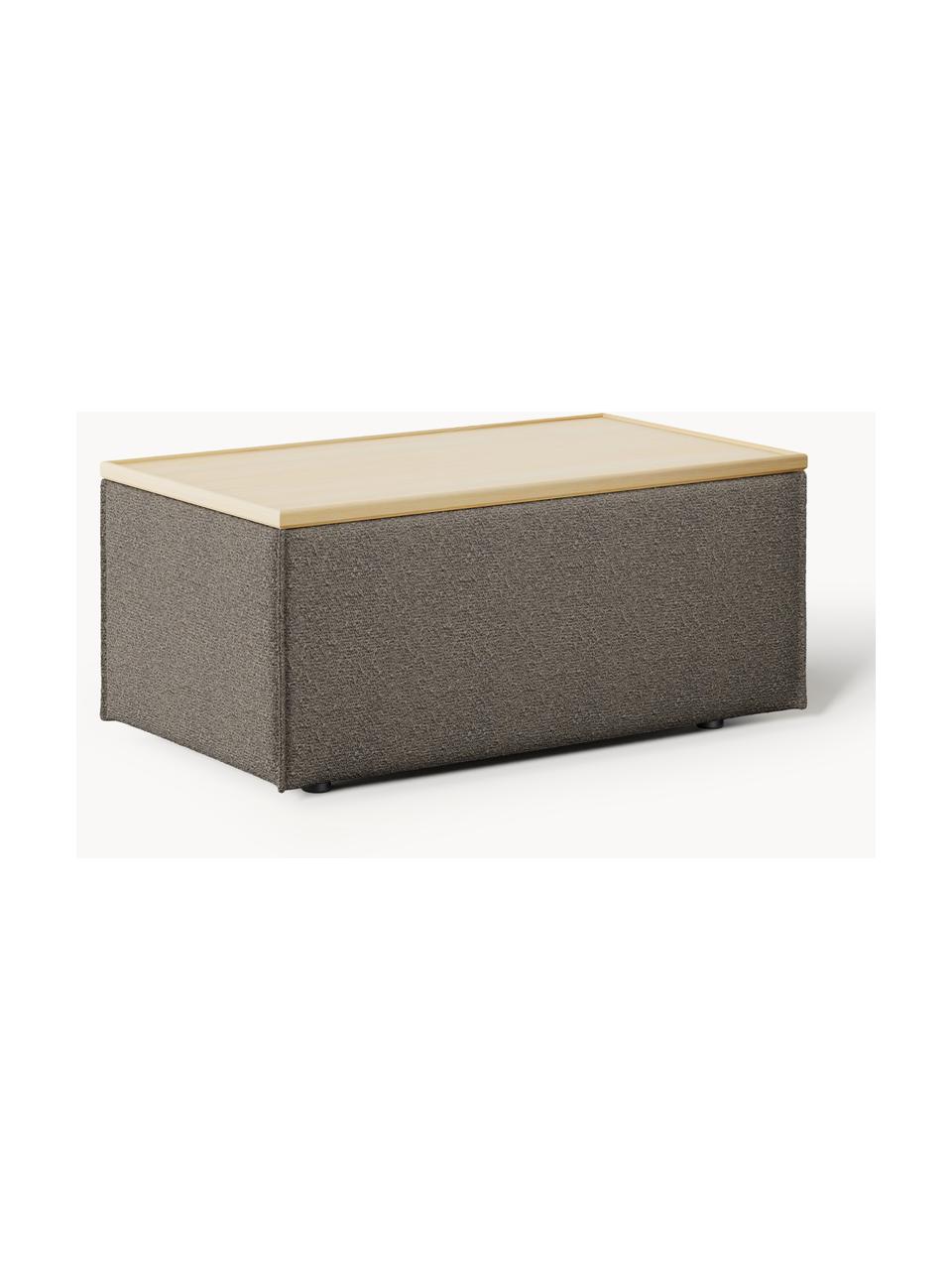 Sofa-Hocker Lennon aus Bouclé mit Stauraum, Bezug: Bouclé (80 % Polyester, 2, Tablett: Eichenholz, Spannplatte m, Gestell: Spanplatte, mitteldichte , Füße: Kunststoff Dieses Produkt, Bouclé Greige, helles Eichenholz, B 88 x T 50 cm