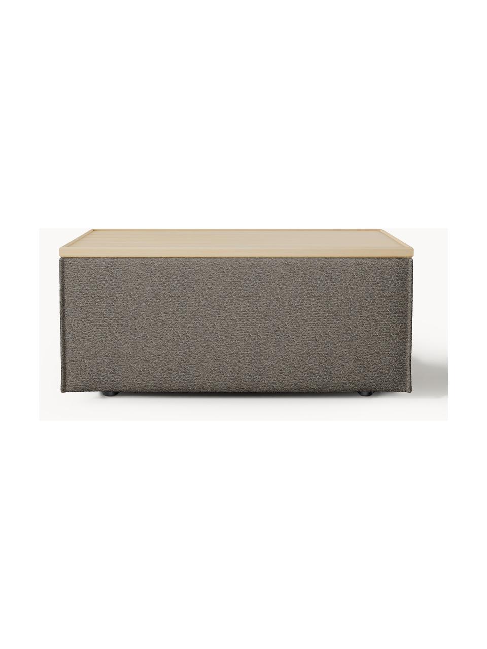 Sofa-Hocker Lennon aus Bouclé mit Stauraum, Bezug: Bouclé (80 % Polyester, 2, Tablett: Eichenholz, Spannplatte m, Gestell: Spanplatte, mitteldichte , Füße: Kunststoff Dieses Produkt, Bouclé Greige, helles Eichenholz, B 88 x T 50 cm