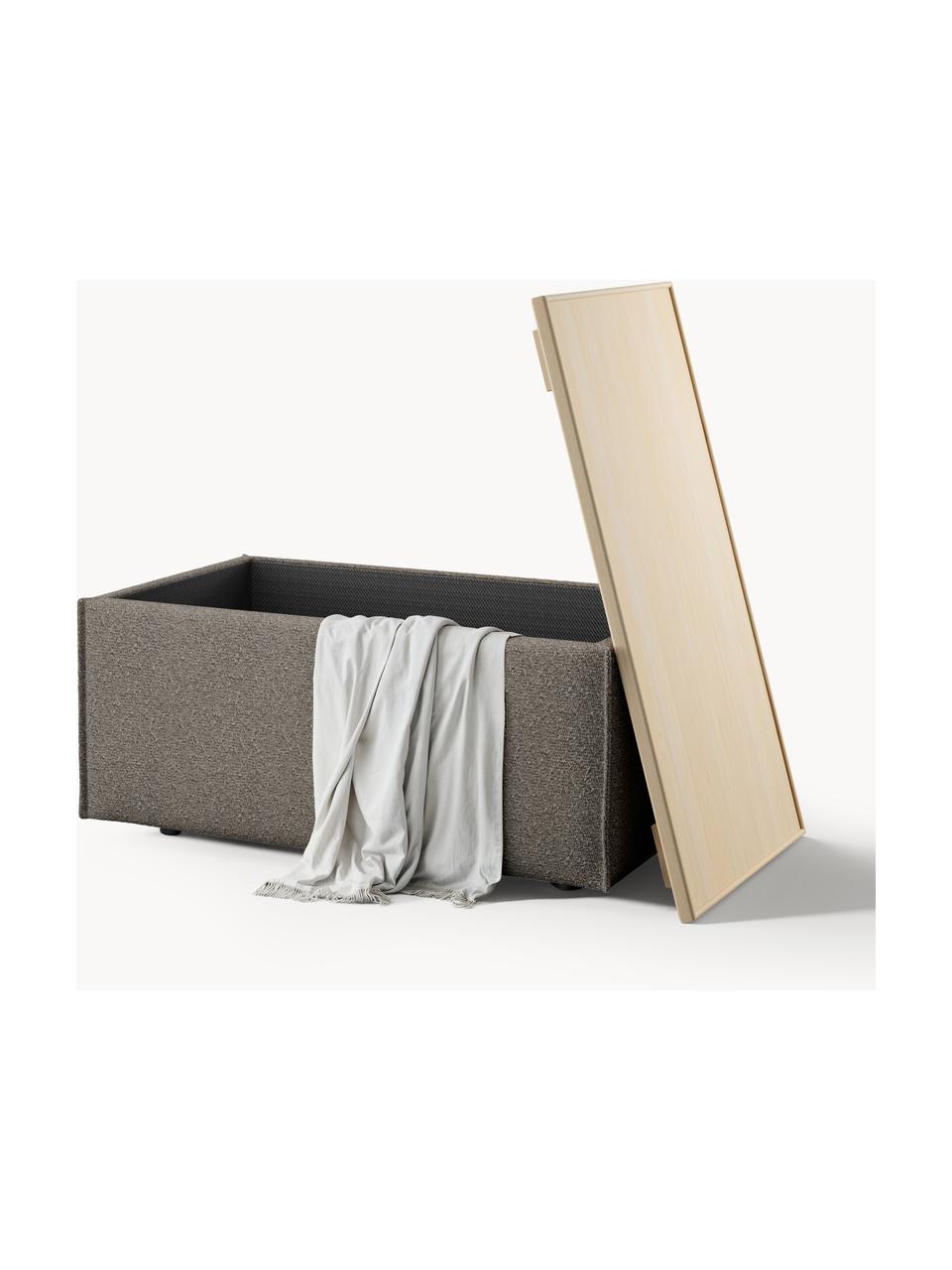 Sofa-Hocker Lennon aus Bouclé mit Stauraum, Bezug: Bouclé (80 % Polyester, 2, Tablett: Eichenholz, Spannplatte m, Gestell: Spanplatte, mitteldichte , Bouclé Greige, helles Eichenholz, B 88 x T 50 cm