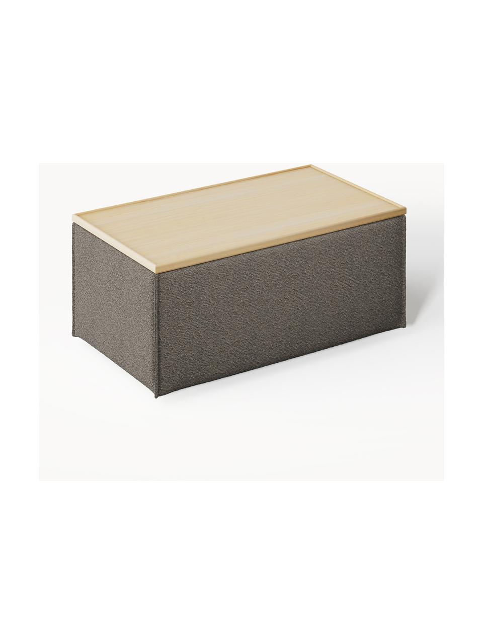 Sofa-Hocker Lennon aus Bouclé mit Stauraum, Bezug: Bouclé (80 % Polyester, 2, Tablett: Eichenholz, Spannplatte m, Gestell: Spanplatte, mitteldichte , Bouclé Greige, helles Eichenholz, B 88 x T 50 cm