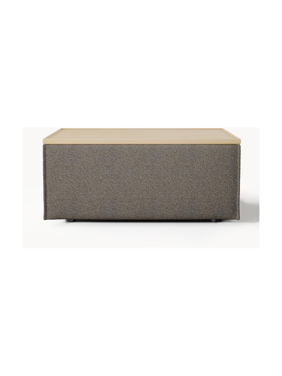 Sofa-Hocker Lennon aus Bouclé mit Stauraum, Bezug: Bouclé (80 % Polyester, 2, Tablett: Eichenholz, Spannplatte m, Gestell: Spanplatte, mitteldichte , Bouclé Greige, helles Eichenholz, B 88 x T 50 cm