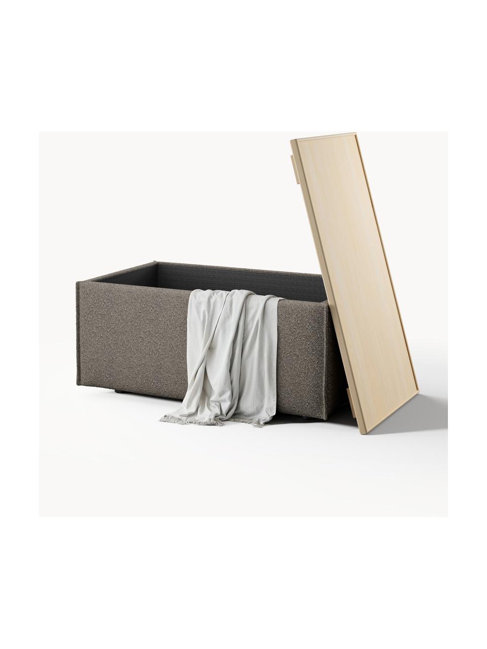 Sofa-Hocker Lennon aus Bouclé mit Stauraum, Bezug: Bouclé (80 % Polyester, 2, Tablett: Eichenholz, Spannplatte m, Gestell: Spanplatte, mitteldichte , Bouclé Greige, helles Eichenholz, B 88 x T 50 cm