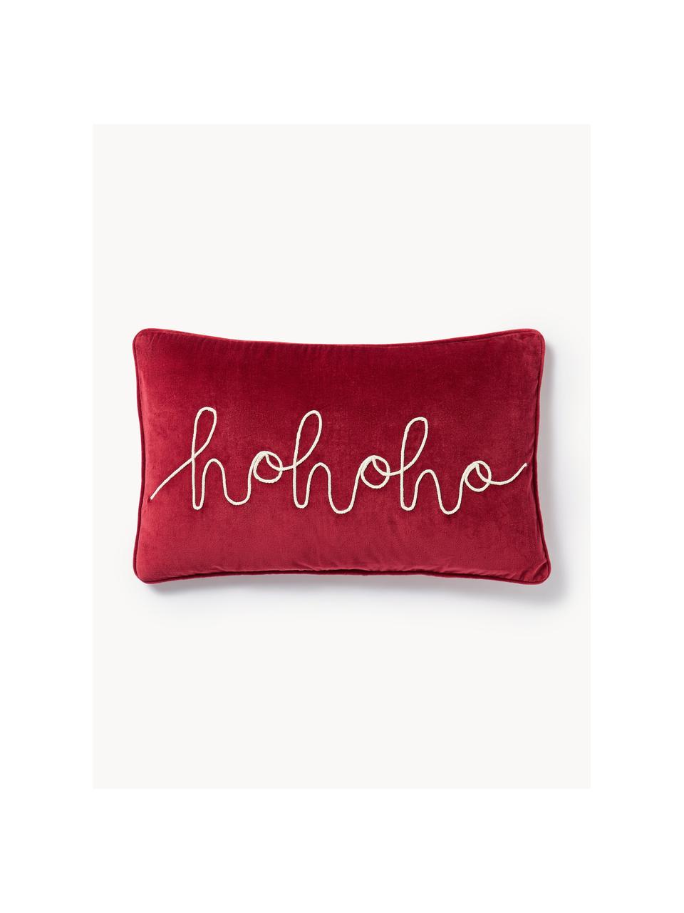 Geborduurde fluwelen kussenhoes Hohoho met bies, Fluweel (100% katoen), Rood, B 30 x L 50 cm