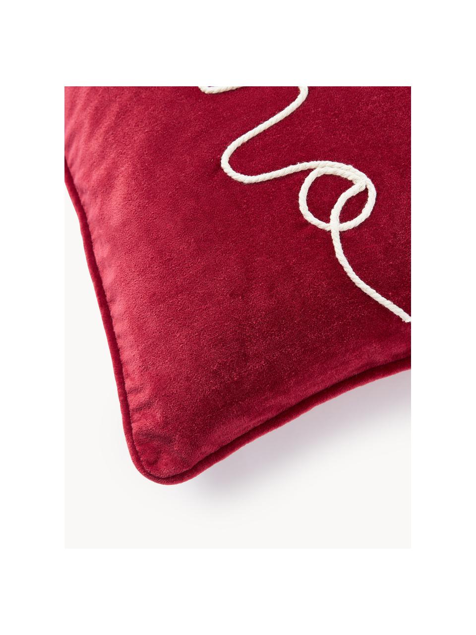 Copricuscino ricamato in velluto con bordino Hohoho, Velluto (100% cotone), Rosso, Larg. 30 x Lung. 50 cm