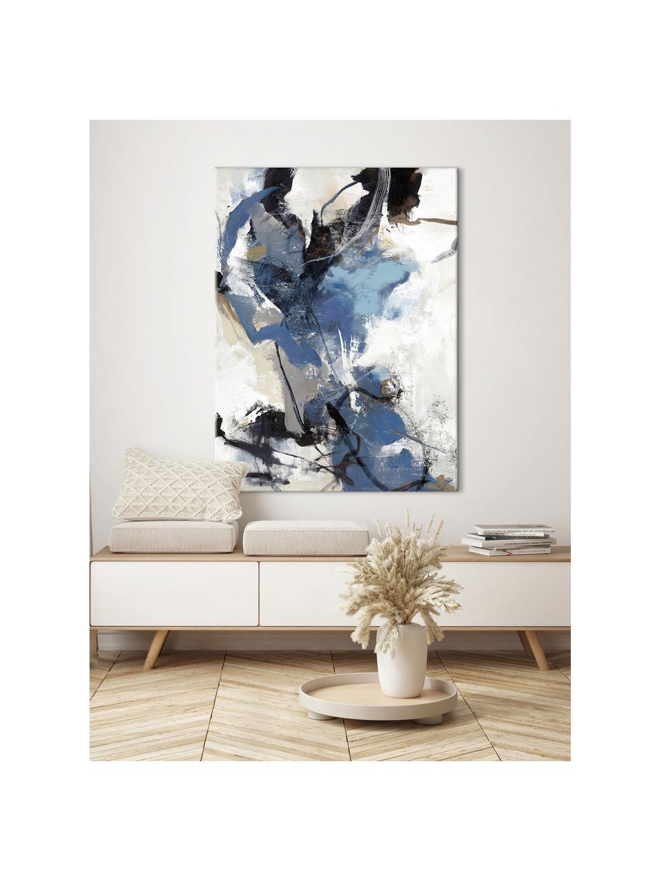 Ręcznie malowany obraz na płótnie Blue vibes, Niebieski, czarny, odcienie bieli, szary, brązowy, S 90 x W 118 cm