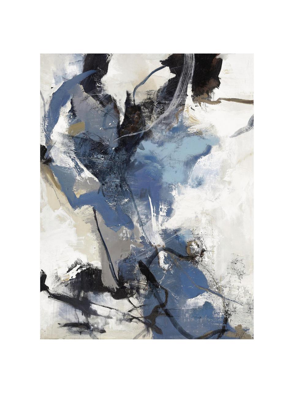Handbemalter Leinwanddruck Blue vibes, Bild: Ölfarben auf Leinwand, Blau, Schwarz, Weisstöne, Grau, Braun, B 90 x H 118 cm