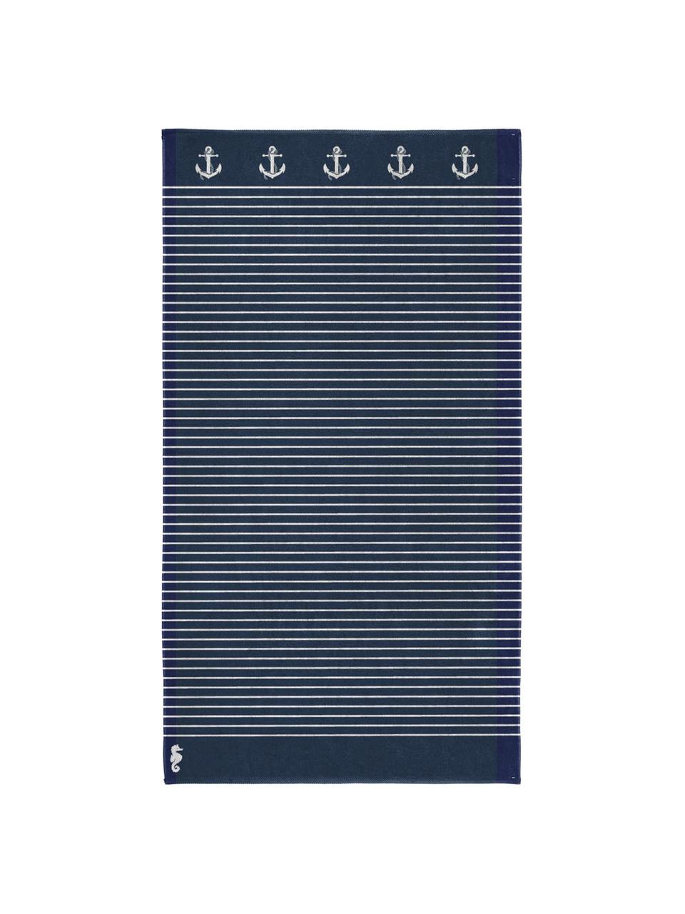 Serviette de plage à rayures Sail Away, Bleu foncé, blanc, larg. 100 x long. 180 cm