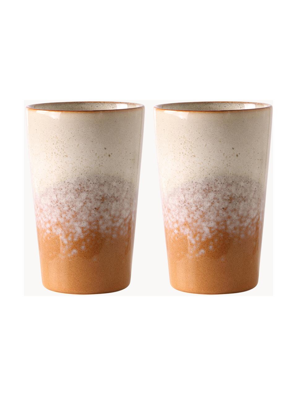 Handgemachte XL Becher 70's, 2 Stück, Steingut, Beige- und Orangetöne, Ø 9 x H 14 cm, 475 ml