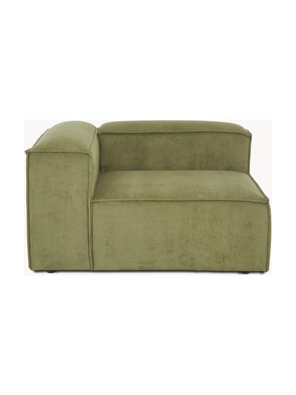 Hoekmodule Lennon van corduroy, Bekleding: corduroy (92% polyester, , Frame: massief grenenhout, FSC-g, Poten: kunststof, Corduroy olijfgroen, B 119 x D 119 cm, hoekdeel links
