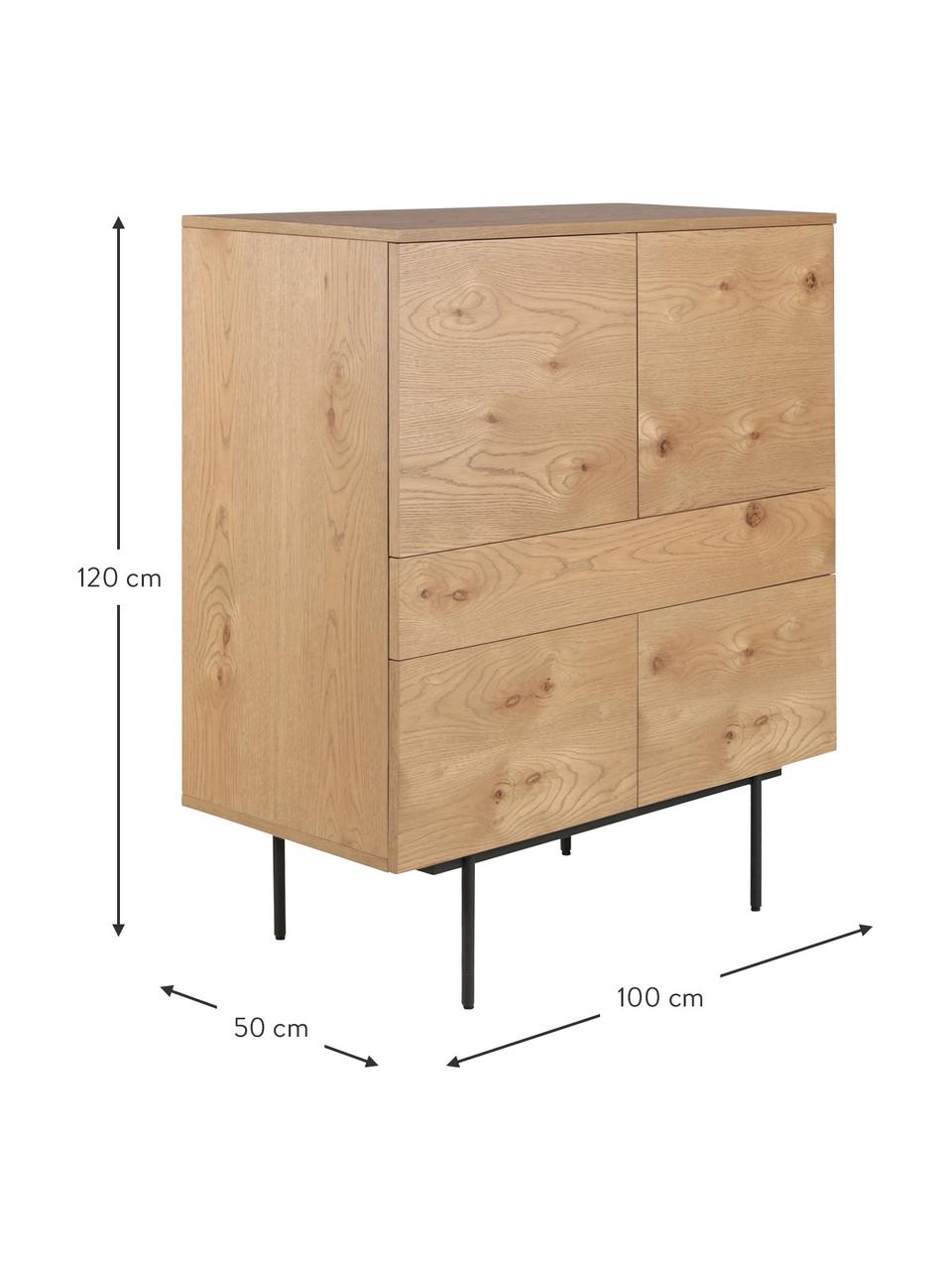 Credenza alta con cassetti e ante con finitura in legno di quercia Allure, Piedini: metallo laccato, Marrone chiaro, nero, Larg. 100 x Alt. 120 cm