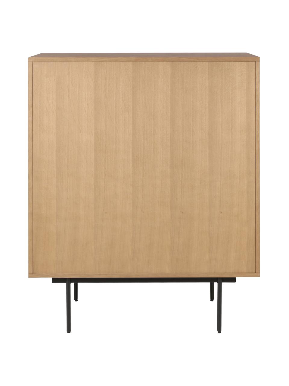 Credenza alta con cassetti e ante con finitura in legno di quercia Allure, Piedini: metallo laccato, Marrone chiaro, nero, Larg. 100 x Alt. 120 cm