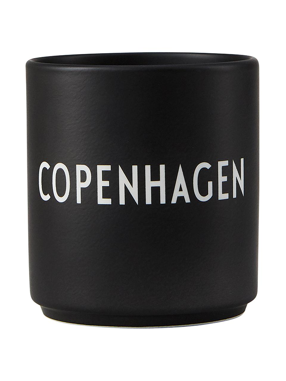 Design beker Favourite COPENHAGEN in zwart met opschrift, Fine Bone China (porselein), Zwart, wit, Ø 8 x H 9 cm