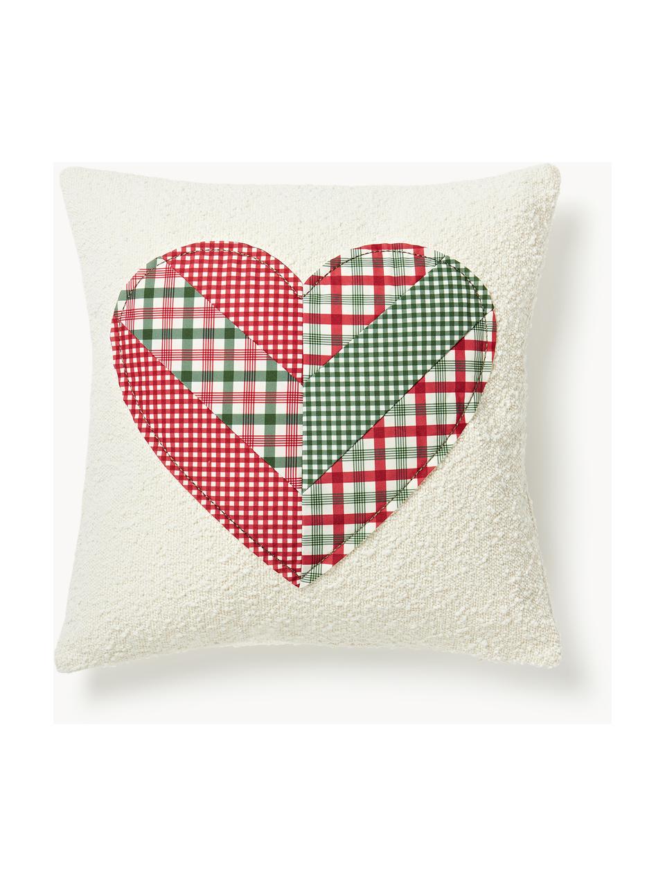 Copricuscino con decoro Lance, 90% poliestere, 10% acrilico, Bianco latte con motivo a cuore verde scuro e rosso, Larg. 50 x Lung. 50 cm