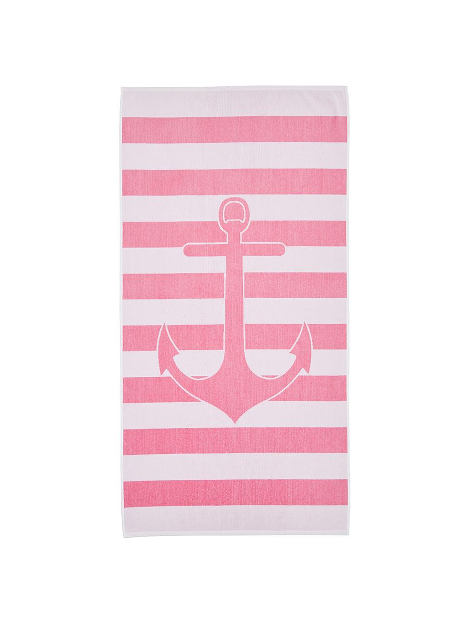 Gestreiftes Strandtuch Anon mit Anker-Motiv, 100% Baumwolle
leichte Qualität 380 g/m², Pink, Weiß, 80 x 160 cm