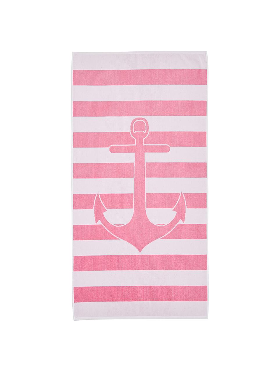 Gestreiftes Strandtuch Anon mit Anker-Motiv, 100% Baumwolle
leichte Qualität 380 g/m², Pink, Weiss, 80 x 160 cm